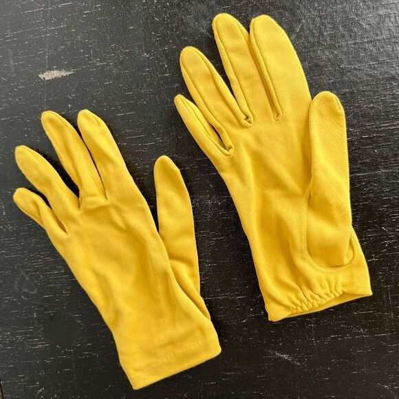 Vintage Yellow Fabric Gloves 60s Style Size S/M Stretch Unlined - Picture 3 of 6